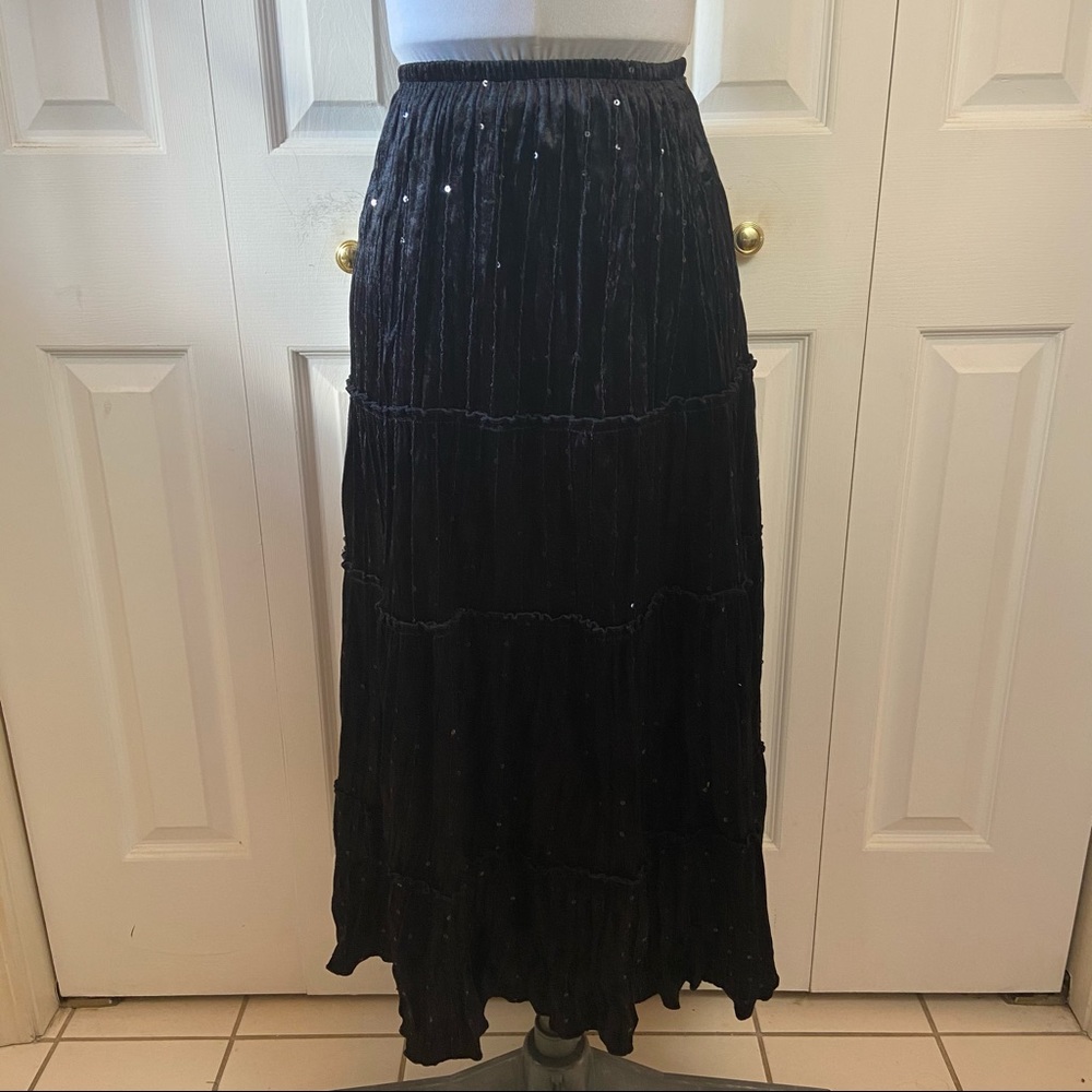 Nintey Black Sequin Velvet Tiered Boho Skirt sz M